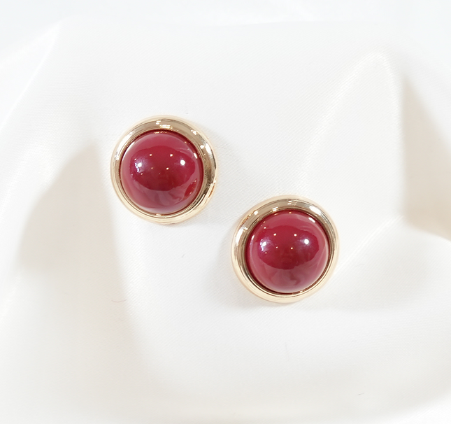 Bordo Gold Yuvarlak Plaka Vintage Küpe
