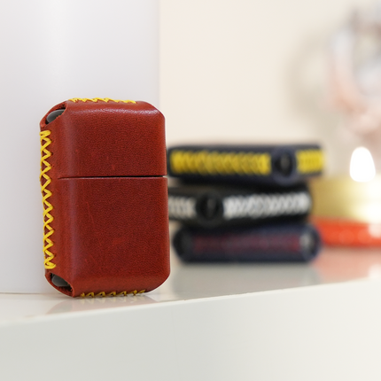 Hakiki Deri El Yapımı Sarı Kırmızı Deri Kılıflı Zippo Çakmak
